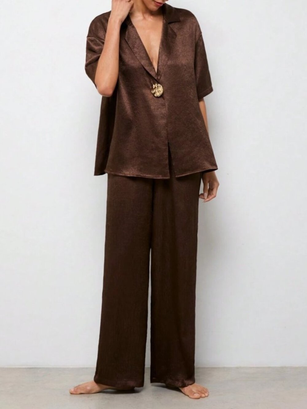Brown Woven Oversized Blazer & Wide Leg Pants Set